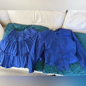 80’s Women’s Blue Two-Piece Skirt Set - Ruffled Skirt & Button Front Top